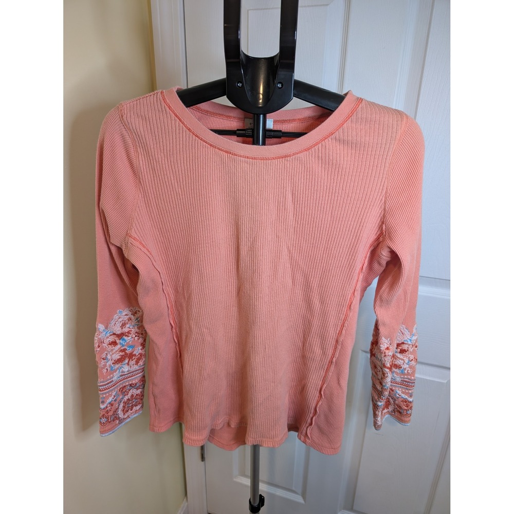 Sundance Hathaway Thermal Top Womens L Coral Floral Embroidered Waffle Knit Boho